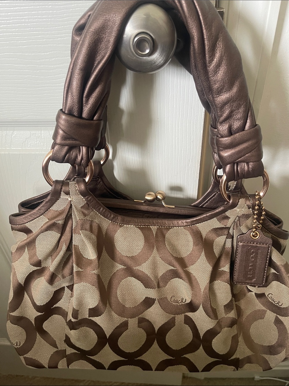 Coach Brown Metallic and Tan Signature Kiss-Lock Shoulder Bag